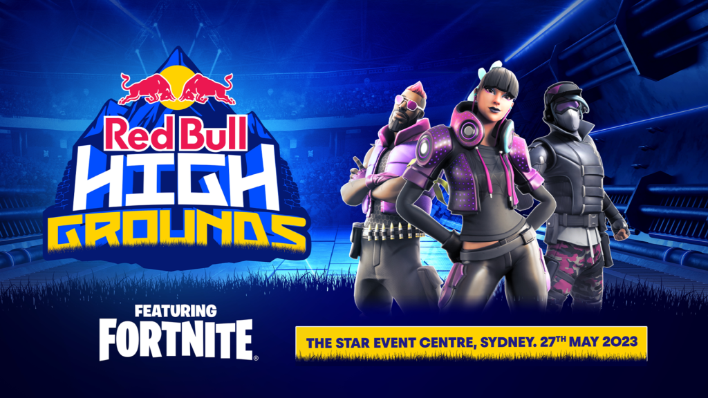 Key art for the Red Bull High Grounds Fortnite event, showing three Fortnite characters