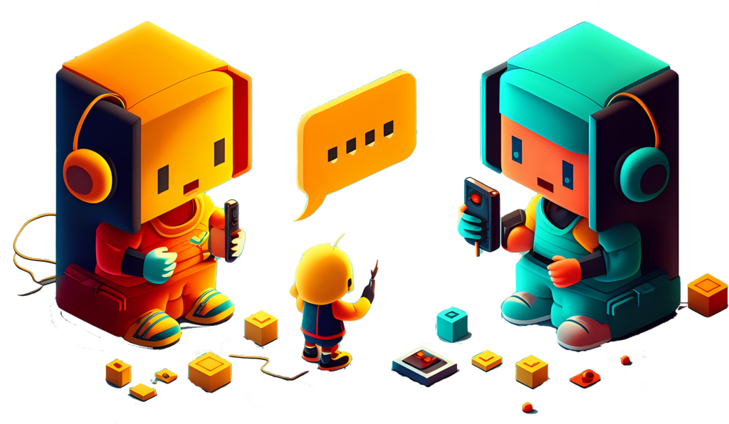 Colorful illustration of video game characters representing game translation work